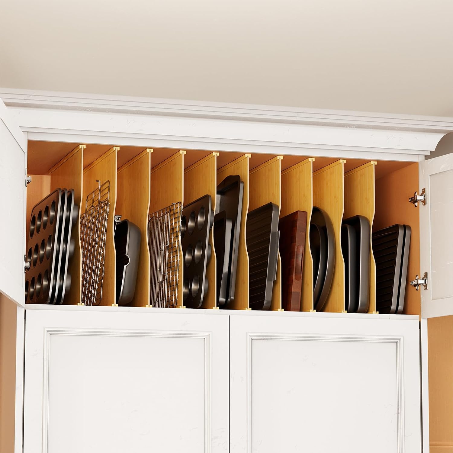 Kitchen Cabinet Baking Sheet Organizer - 10'lu Paket Bambu Tepsi Bölücüler, Mutfak